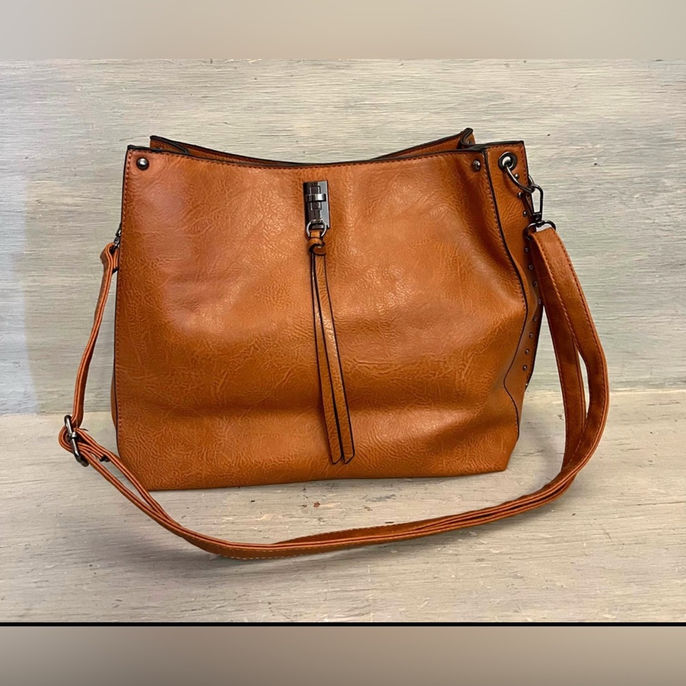 Sam & Hadley Faux Brown Leather Studded Shoulder Bag Purse Like New - Picture 2 of 2